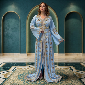 Stunning Beautiful <b>Light</b> Blue Embroidered Traditional Caftan Dress Women Floor-Length Regular Fit Wedding Style Silk Gown - Product Image 5