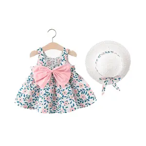 批发夏季新款设计时尚韩式甜美童装套装公主蝴蝶结连衣裙 + 帽子女婴服装套装