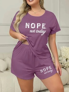 Pyjama d'été Yicheng pour femmes grandes tailles, ensemble <span class=keywords><strong>de</strong></span> vêtements <span class=keywords><strong>de</strong></span> <span class=keywords><strong>nuit</strong></span> imprimés à manches courtes et shorts amples, tailles XL-5XL, T-shirt et tenue d'intérieur pour femmes rondes - Product Image 5