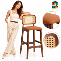 Tabouret de bar en bois massif avec dossier en rotin, siège rembourré orange, gris, beige, repose-pieds, hauteur de comptoir