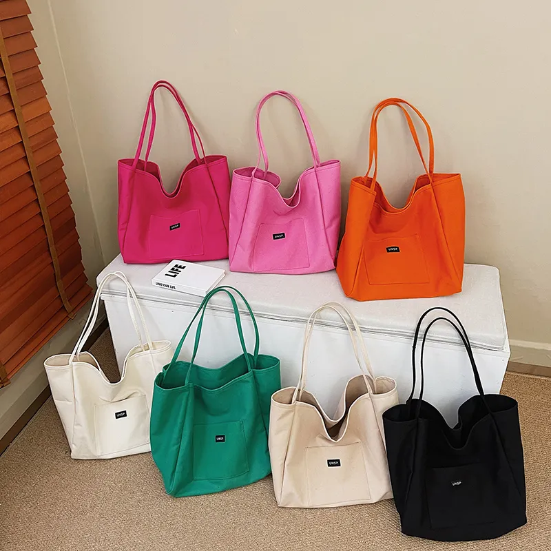 2022 New Trend Large-Capacity Handbag Tote And Shopper Women Canvas Shopping Bag Pink Green Orange Yellow Books Bag For Girl