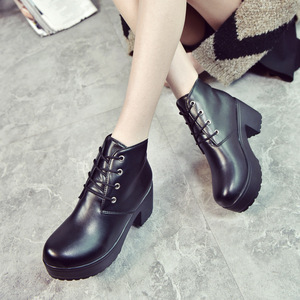 Botines de Mujer al por Mayor, Otoño, Punta Redonda, Negro Blanco, Estilo Europeo Americano, Impermeables, <span class=keywords><strong>Plataforma</strong></span>, Cordones Delanteros, Tacón Grueso - Product Image 4
