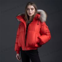 Veste en duvet de canard à capuche en fourrure de raton laveur surdimensionnée avec logo personnalisé, vêtements pour femmes, 90% de garnissage en plumes, ourlet ajustable, veste courte décontractée