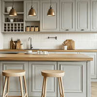 Ensemble de meubles de cuisine modernes et minimalistes gris clair avec panneaux Shaker, îlot en bois et étagères ouvertes avec porte-bouteilles pour villa et appartement