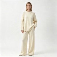 Ensemble deux pièces côtelé pour femme de haute qualité, effet cachemire, mélange de laine, pull col rond et pantalon, vente en gros, prix d'usine