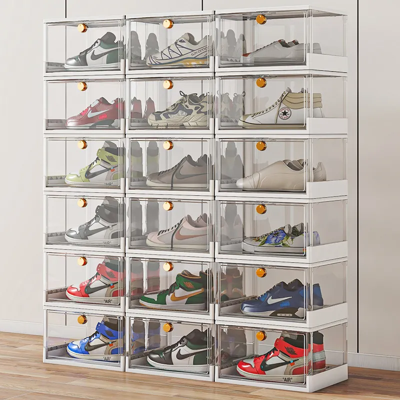 صندوق أحذية قابل للطي قابل للفصل 3 طبقات حذاء رياضي شفاف حقيبة عرض بلاستيكية شفافة قابلة للتكديس مربع