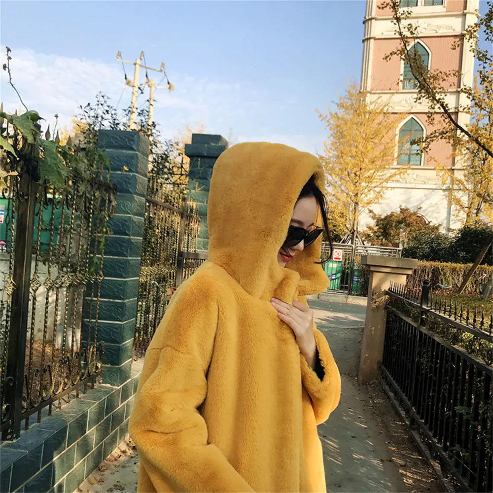 2022 cheap beautiful winter fashion faux Rex rabbit hair ladies overcoat warm thickened long loose hooded fur large size coat