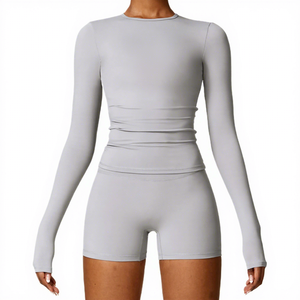 Ensemble 2 pièces de yoga pour femme, coupe slim, manches longues, effet seconde peau, brossé, respirant, pour l'intérieur et l'extérieur - Product Image 2