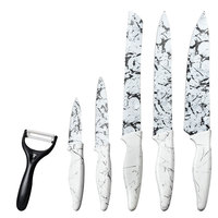 Ensemble de 6 couteaux de cuisine avec lame en acier inoxydable antiadhésif et manche en PP, ensemble de couteaux de chef essentiels, motif marbre blanc