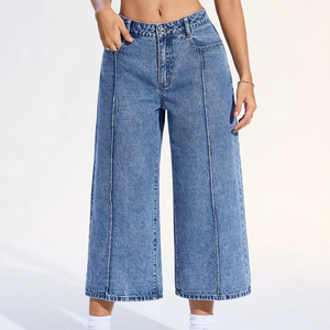 Jeans en denim pour femmes, taille haute, décontractés, personnalisés, <span class=keywords><strong>pantalon</strong></span> large, jambe large - Product Image 1
