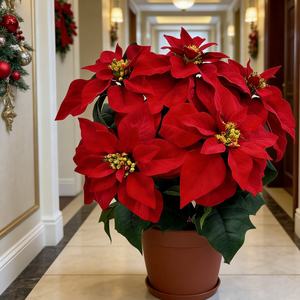 Décoration <span class=keywords><strong>de</strong></span> Noël, mariage, fête des Mères : Bouquet <span class=keywords><strong>de</strong></span> poinsettias rouges faits main, 5 têtes <span class=keywords><strong>de</strong></span> fleurs en velours, 23 pouces – Vente directe usine - Product Image 1