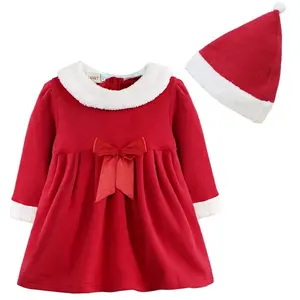 बच्चे लड़कियों क्रिसमस पोशाक सांता क्लॉस कपड़े पहली क्रिसमस Bowknot कॉस्टयूम लंबी आस्तीन लाल रंग की पोशाक के साथ टोपी आउटफिट