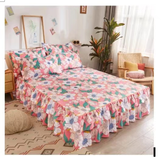 Newest Style 100% Polyester Bedding Luxury Bed Cover Modern Floral Plant Printed Thick Fitted Skirt Sheets Bed Skirt