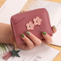 Dompet Pendek Bunga Lucu Baru Wanita Mini Rumbai Resleting PU Tahan Lama Multifungsi Tempat Koin