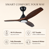 Kipas Angin Plafon Downrod 52 Inci dengan Kit Lampu LED, Motor DC, 3 Baling-baling Walnut Solid, Remote WiFi untuk Kamar Tidur dan Ruang Tamu