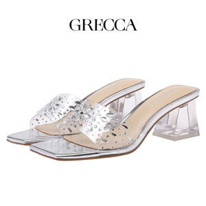 नई पारदर्शी महिलाओं की हाई एड़ी खुले पैर की अंगुली चमड़े के चमकदार पानी ड्रिल लक्जरी वर्ग फुट की ऊँची एड़ी के जूते चप्पल - Product Image 6