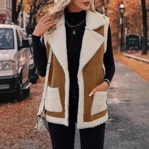 Wholesale <strong>Women</strong> Lapel Faux Suede Shearling Vest, Sleeveless <strong>Sherpa</strong> Lined Loose Waistcoat Winter Outerwear <strong>Gilet</strong> - Product Image 1