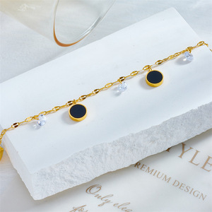 Minimalist Black Enamel Round Disc Anklet Stainless Steel Teardrop Crystal Dangle Thin Ankle Chain Gold Plated Anklets for Women - Product Image 4