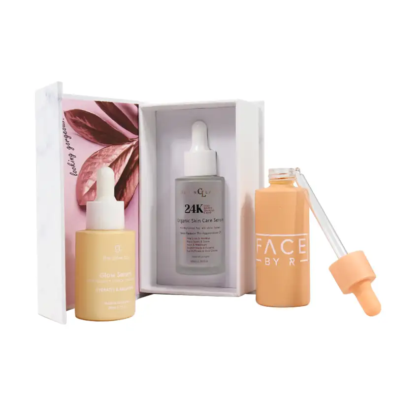 Custom Printing Frosted Glass Luxury Flat Shoulder 30ml Amber Skin Care Oil Dropper Bottle Packaging Box/Tube