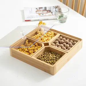 Custom Bamboo Nut Candy Serving Tray Party Appetizer Platter Veggie Dish Candy Box With Acrylic Lid Removable Dividers