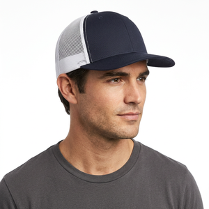 Navy <b>White</b> Mesh Trucker Hat 6-Panel Adjustable Fit Casual Spring Summer Wear Unisex Adult 100% Acrylic Embroidery - Product Image 1