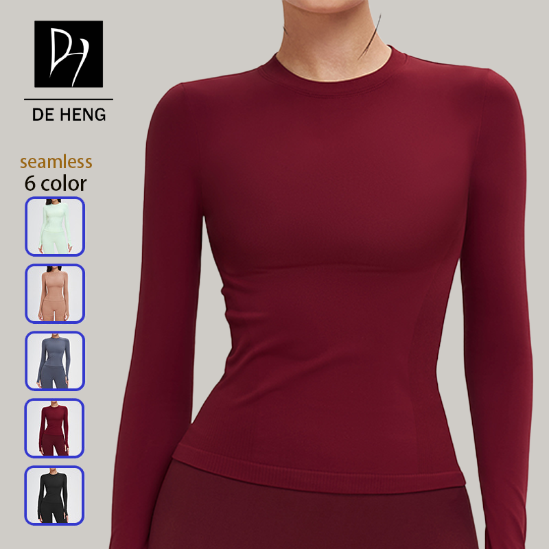Seamless Lady Custom Sports Yoga Round Neck Thumb Buckle Trim Fit Fitness High Quality Gym Workout Long Sleeve Top for Women