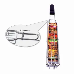 Portable BBQ Grilling Basket Vegetable Steak BBQ Grill Basket Skewer Cage With Folding Handle