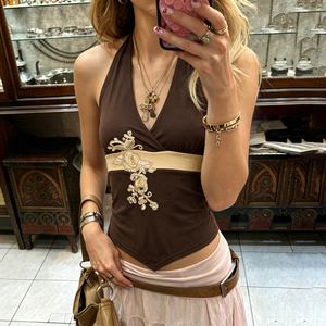 Y2K Vintage Casual Breathable Knitted <b>Sequined</b> Halter <b>Top</b> 3D Floral Contrast V Neck Sleeveless Vest - Product Image 3