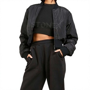 Chaqueta Bomber Negra de Nylon para Mujer, Largo Regular, Cierre de Cremallera, Cuello Acanalado, Forro de Spandex, Relleno de Algodón, Color Sólido, Invierno, Venta al Por Mayor - Product Image 1