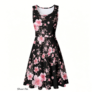 Women Sleeveless Skater <strong>Dress</strong> Pink <strong>Cherry</strong> Blossom Digital Print A-Line Sundress with Side Pocket Floral Graphic Mini Party <strong>Dress</strong> - Product Image 2