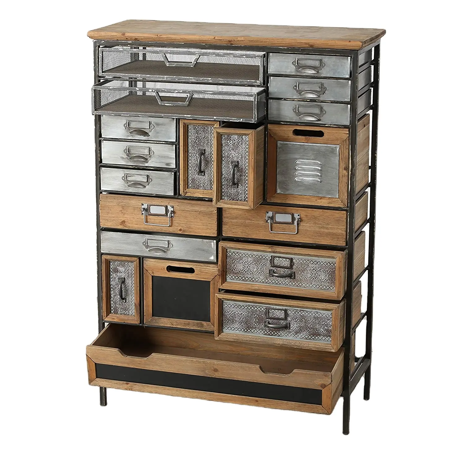 Industrial Style Multi Drawer Chest 17 Drawers and 2 Utility Bins Reclaimed Vintage Style Iron Weathered Finish