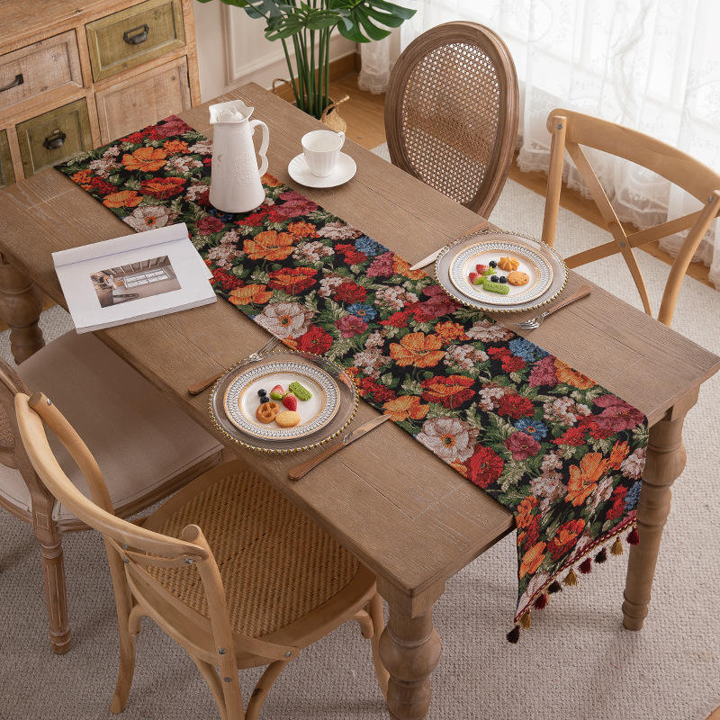 Yarn-Dyed Colored Flowers on a Black Background Red Tassel