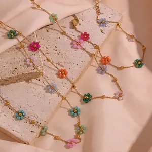 Bohemia kalung bandul bunga warna-warni baja tahan karat, gelang rantai pinggang manik-manik aster perhiasan tubuh hadiah liburan musim panas