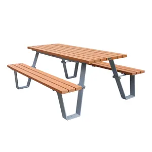 Meja piknik, bahan kayu plastik daur ulang komersial luar ruangan, meja piknik 6 kaki 8 kaki dengan bangku taman teras meja makan, kursi meja kafe