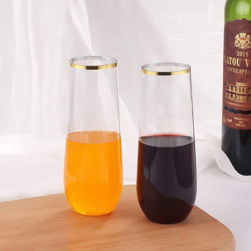 9 Oz Plastic Champagne Flutes Stemless Gold Rim Glass Plastic Wine Glasses Cocktail Parties