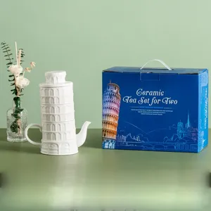 Özel kabartmalı yaratıcı Pisa kulesi hediye kutusu porselen kahve fincanları çay ve Espresso malzemeleri seramik iki için demlik Set