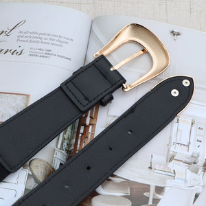 <span class=keywords><strong>Ceinture</strong></span> en cuir noir pour <span class=keywords><strong>femme</strong></span> Yonger Factory avec <span class=keywords><strong>boucle</strong></span> ardillon <span class=keywords><strong>dorée</strong></span> et partie en tissu élastique – Accessoire de mode féminin - Product Image 5