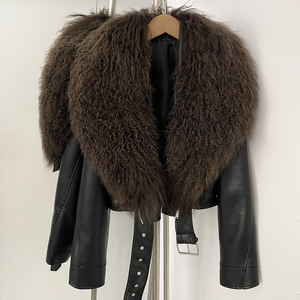 <span class=keywords><strong>Veste</strong></span> en cuir courte pour femmes, très tendance, avec col en fourrure de Mongolie véritable, <span class=keywords><strong>grande</strong></span> <span class=keywords><strong>taille</strong></span>, manteau de printemps et d'automne, vêtement d'extérieur en fourrure pour femmes - Product Image 6