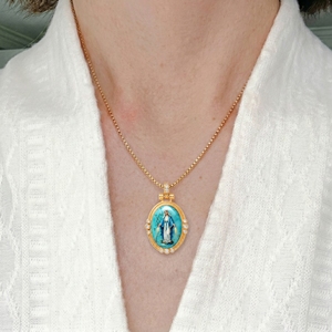 Medalla <span class=keywords><strong>Milagrosa</strong></span> de la Virgen Marí<span class=keywords><strong>a</strong></span> con Colgante de Turquesa, Regalo de Bautismo Católico, Collar Sacramental con Núcleo Intercambiable, Venta al por Mayor - Product Image 3