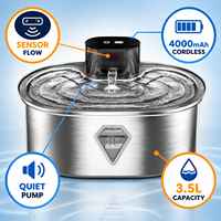 Fontaine à eau rechargeable pour animaux de compagnie 3,5 L, distributeur d'eau sans fil pour chat, acier inoxydable 304, commande tactile, fontaine à eau silencieuse