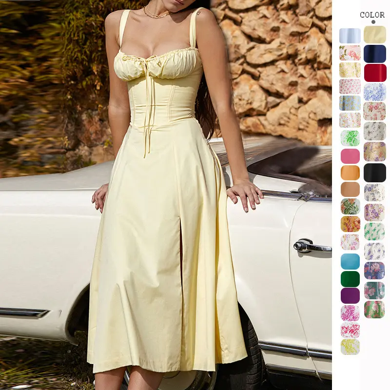 2024 Damenkleidung Frankreich Stil aufdruck vintage rückenfreies Slip-Kleid Sommer Freizeitkleider drapiert langes Damenluxuskleid