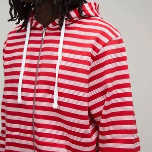Sweat à capuche zippé surdimensionné pour homme, à rayures, avec cordon de serrage et poche kangourou, style rétro décontracté - Product Image 1