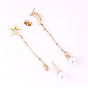 Boucles d'oreilles pendantes asymétriques Ason, nouveau design, bijoux en acier inoxydable plaqué or, motif étoile et lune - Product Image 6