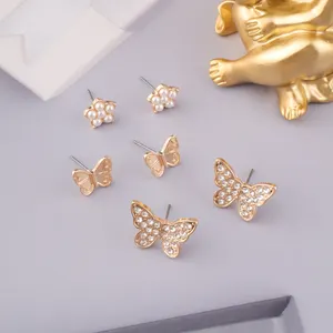 2024 New Factory Wholesale Super Sparkling Diamond Pearl Butterfly Set Earrings for Women