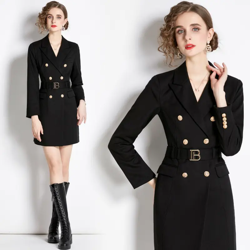 한 Caixi 여자의 세트 원피스 여자의 새로운 허리 햅번 스타일 작은 검정 원피스 서브 재킷