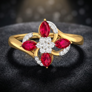 Bague de déclaration luxueuse à grappe florale de pierres précieuses rouges taille marquise avec pierres rondes en or 10K 14K 18K et argent 925 935 - Product Image 1
