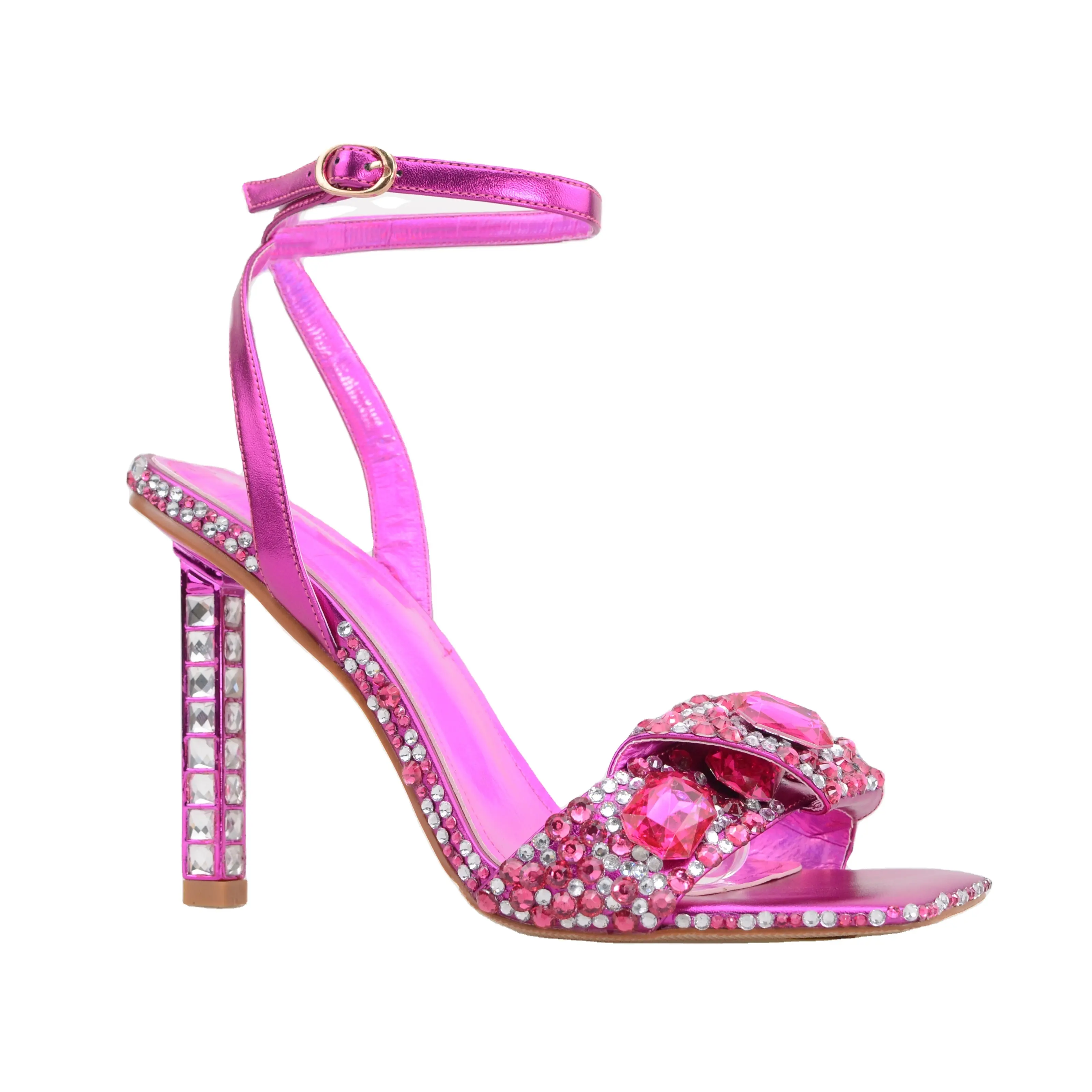 2024 Noble Diamond High Heel Square Toe Buckle Strap Luxury Women Sandals Peep Toe Pink Color Fancy Shoes