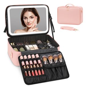 Relavel Trousse de maquillage de voyage avec miroir éclairé <span class=keywords><strong>rechargeable</strong></span> 3 lumières de couleur Organisateur de cosmétiques pour femmes <span class=keywords><strong>Cuir</strong></span> Rose - Product Image 2