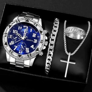Ensemble de 4 Pièces Montre Homme Tendance Avec Bracelet en Acier Inoxydable de Style Affaires, Bague, Collier et Montre à Quartz - Product Image 4