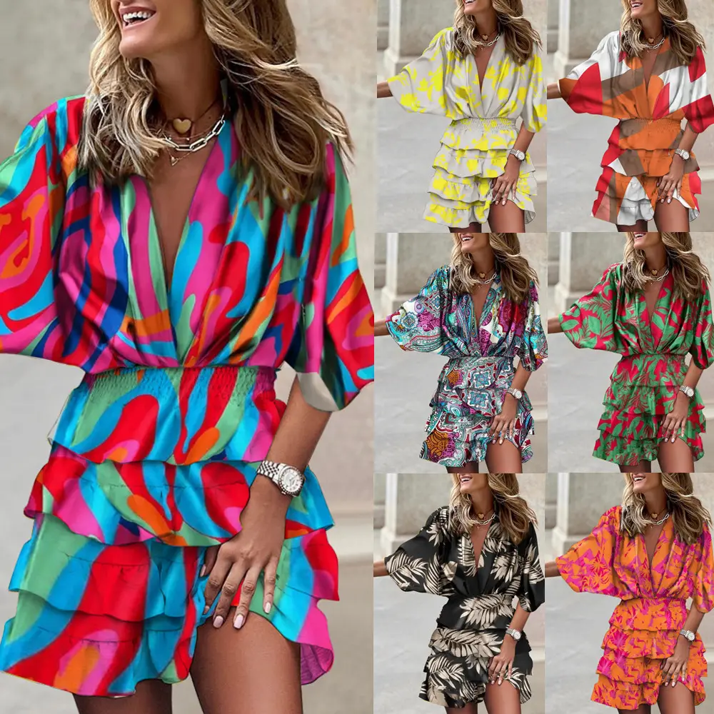 2023 Spring Batwing Sleeve V-Neck Layer Swing Irregular African Dress Women Clothing Vacation Beach Plus Size Wholesale Dresses